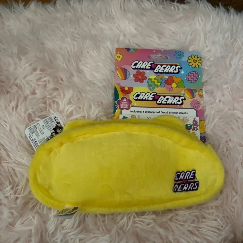 Care Bears Yellow Pencil Case with Device Decals NEW Sunshine Fuzzy